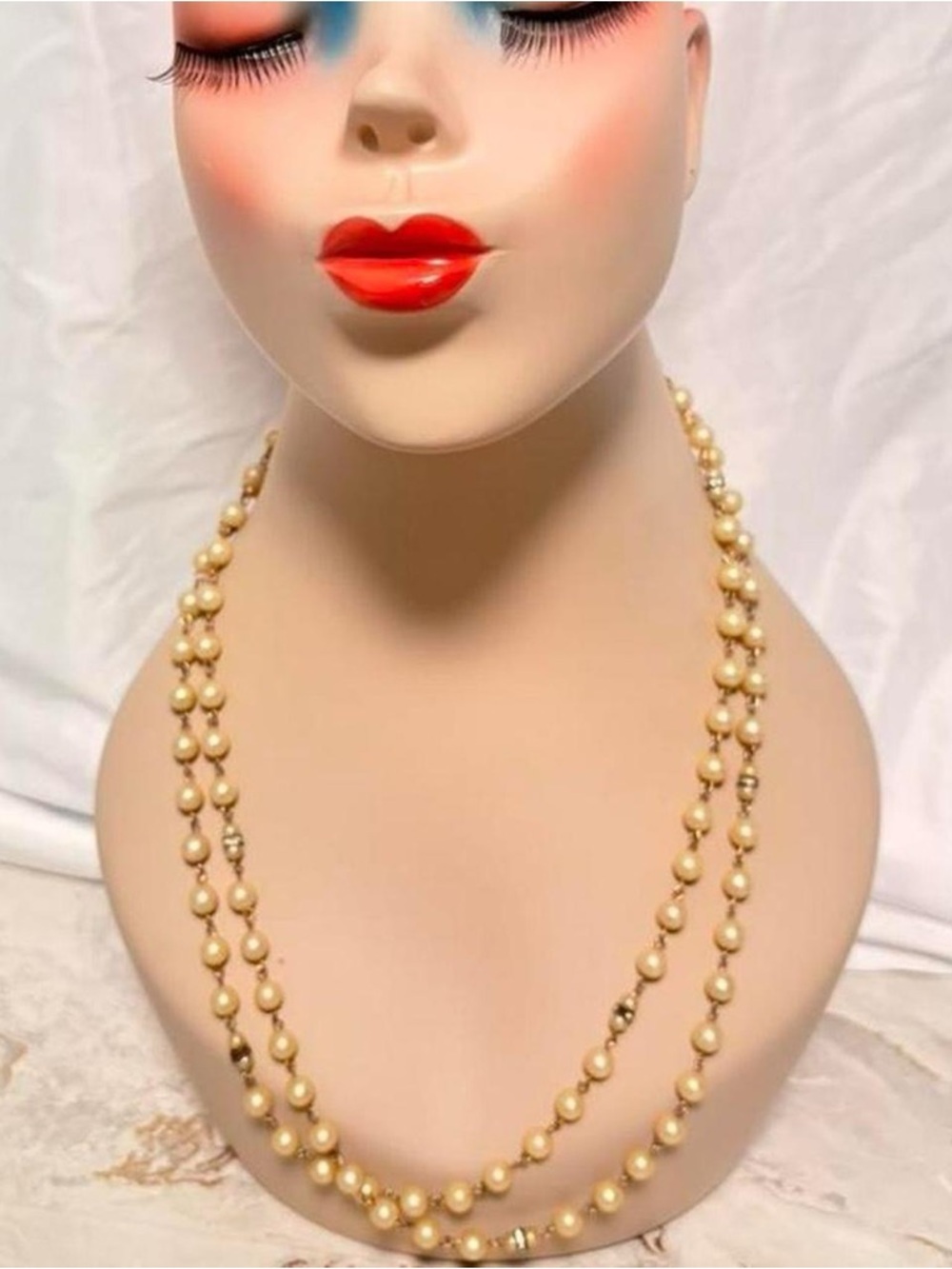 Vintage Classic Pearl very long Necklace - Cream faux Pearls with Gold Accents
